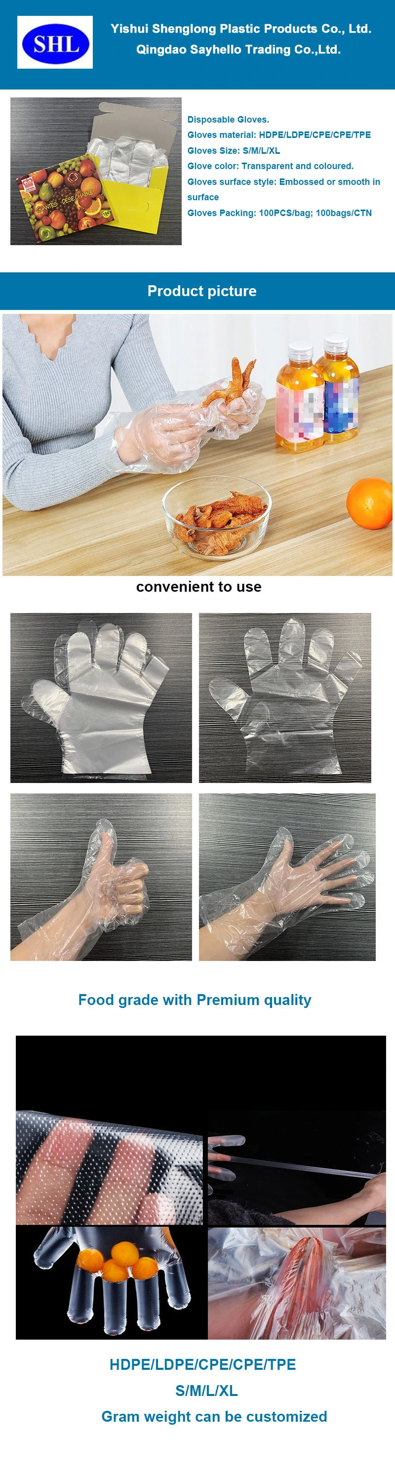 Heat Resistant Waterproof Disposable HDPE Plastic Food Grade 0.6g Gloves