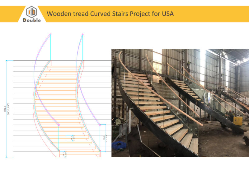 Villa Interior Wooden Tread Curved Staircase Designs with Double Steel Beam