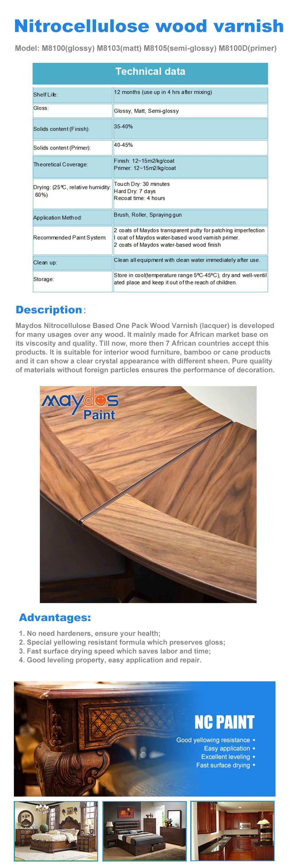 Nitrocellulose Wood Varnish/Wood Paint/Wood Coating/Paint/Coating (M8100 M8103 M8105)