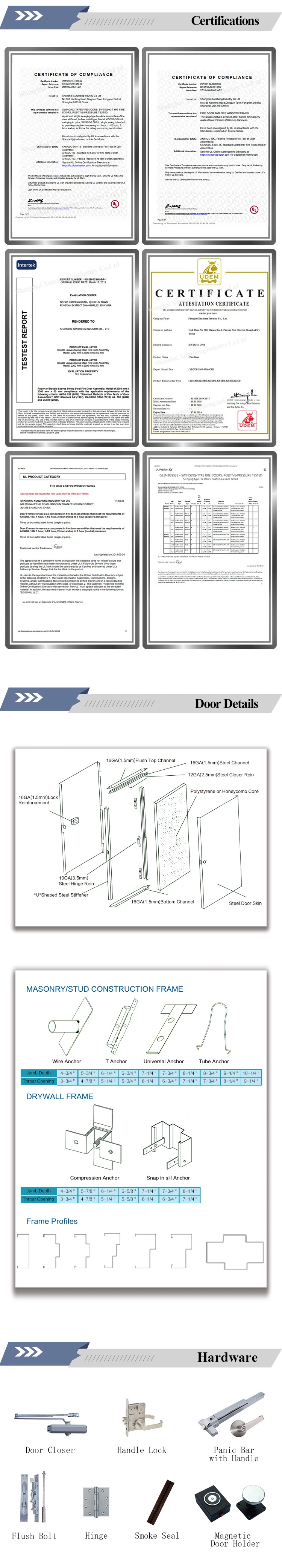 UL Steel Fire Door with Panic Push Bar/Metal Fire Door Prices