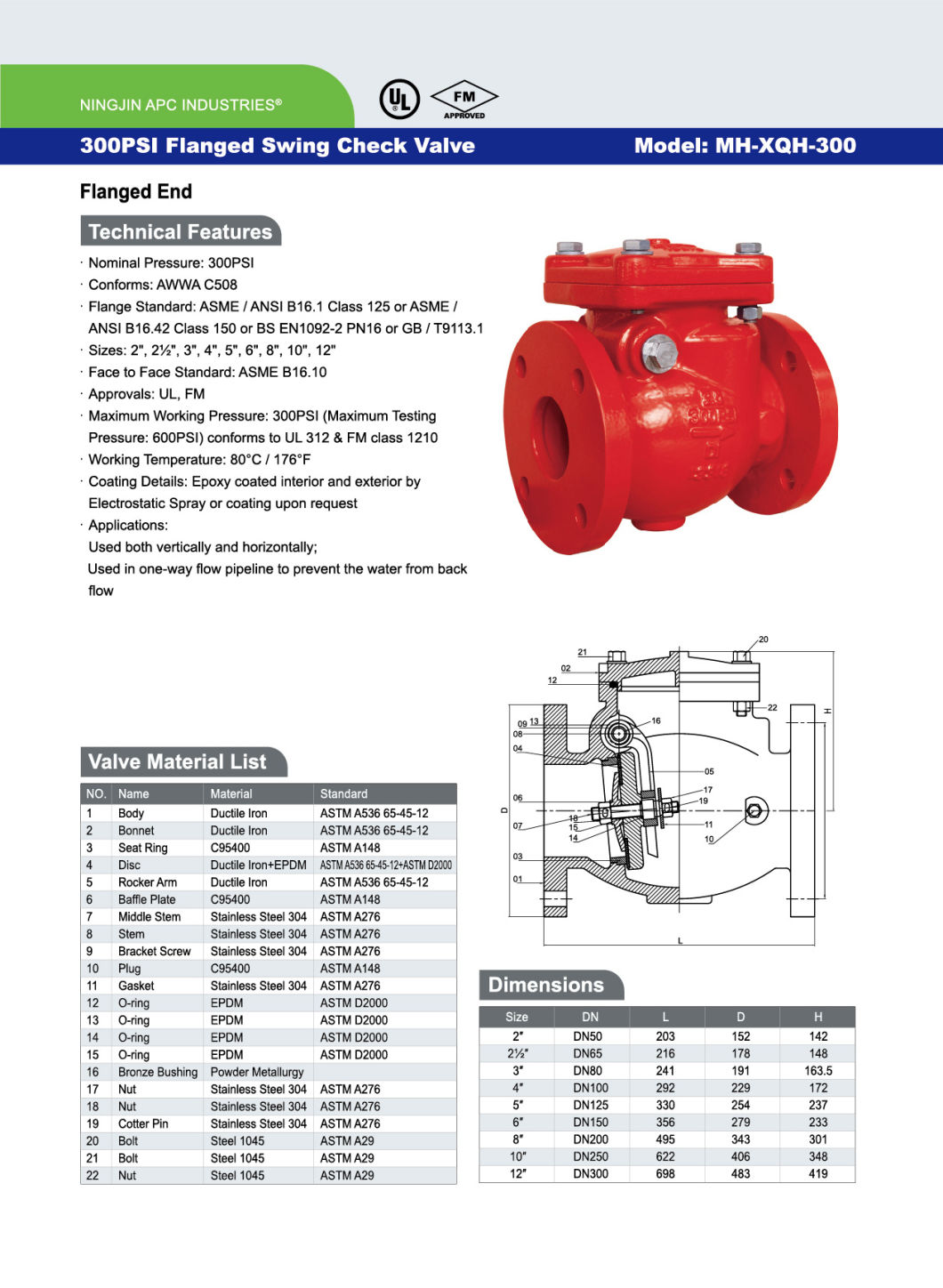 300psi Swing Check Valve Flange Type FM UL Approved Fire Protection Valve