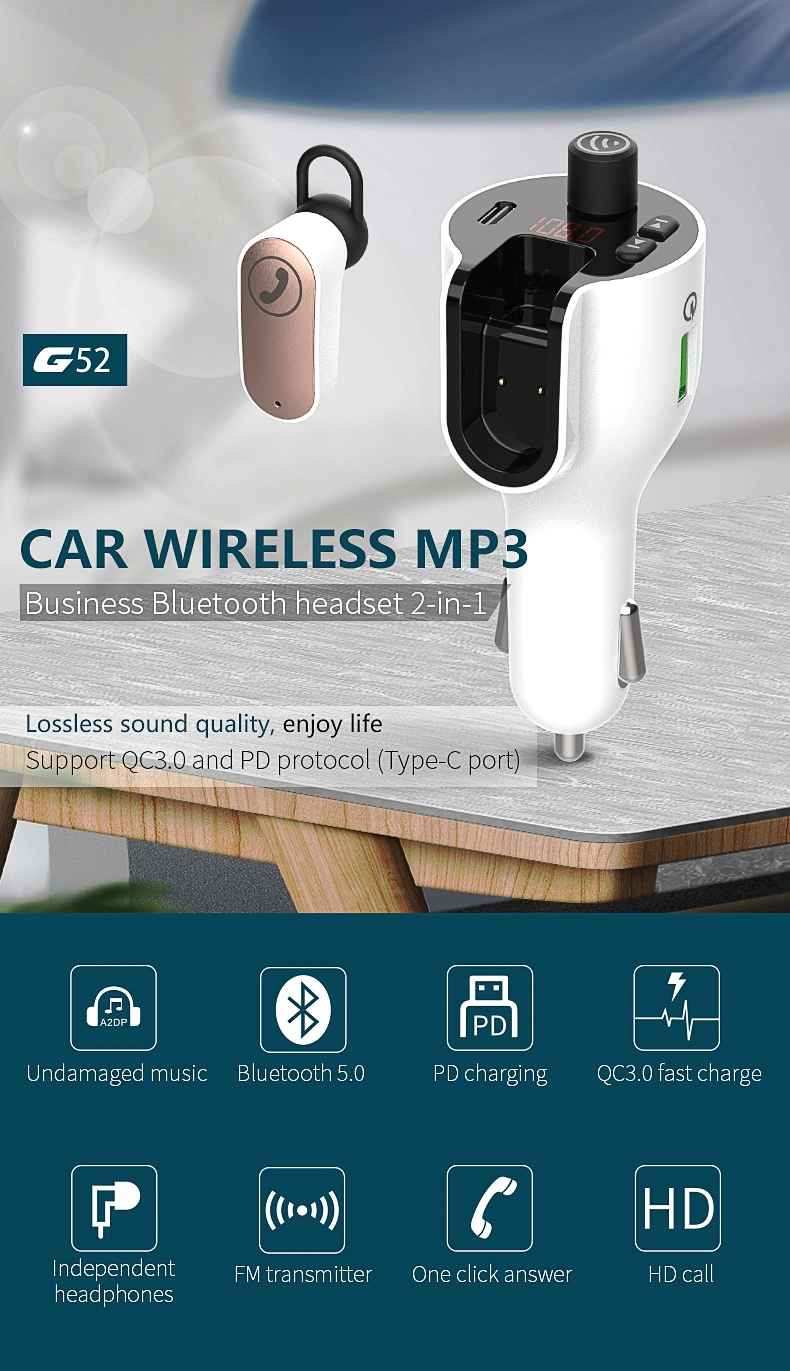 G52 Bluetooth 5.0 Car MP3 Player QC3.0 Type-C Port Wireless Earphone Car Charger