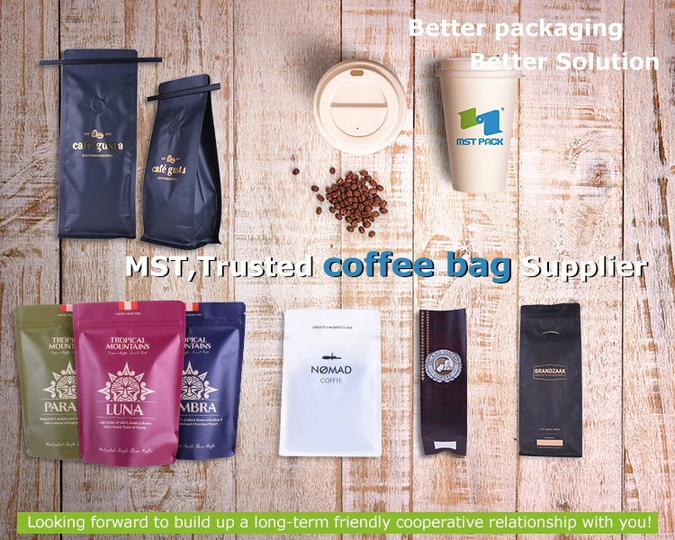 Customized Printing Block Bottom Coffee Valve Bags Flat Bottom Kraft Paper Bag