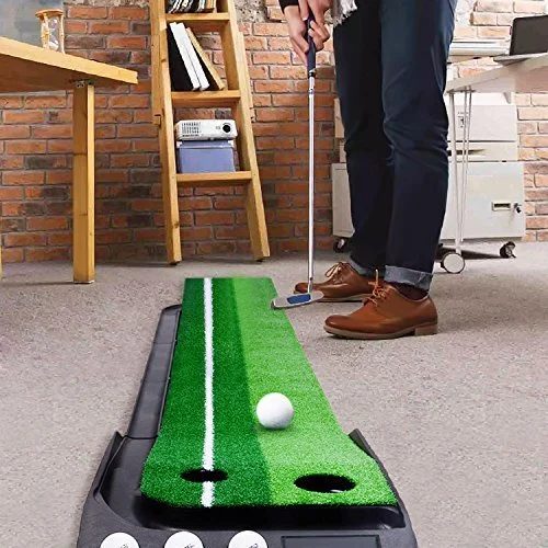 Dual-Track Putting Indoor Golf Simulator Practice Mat with Ball Return
