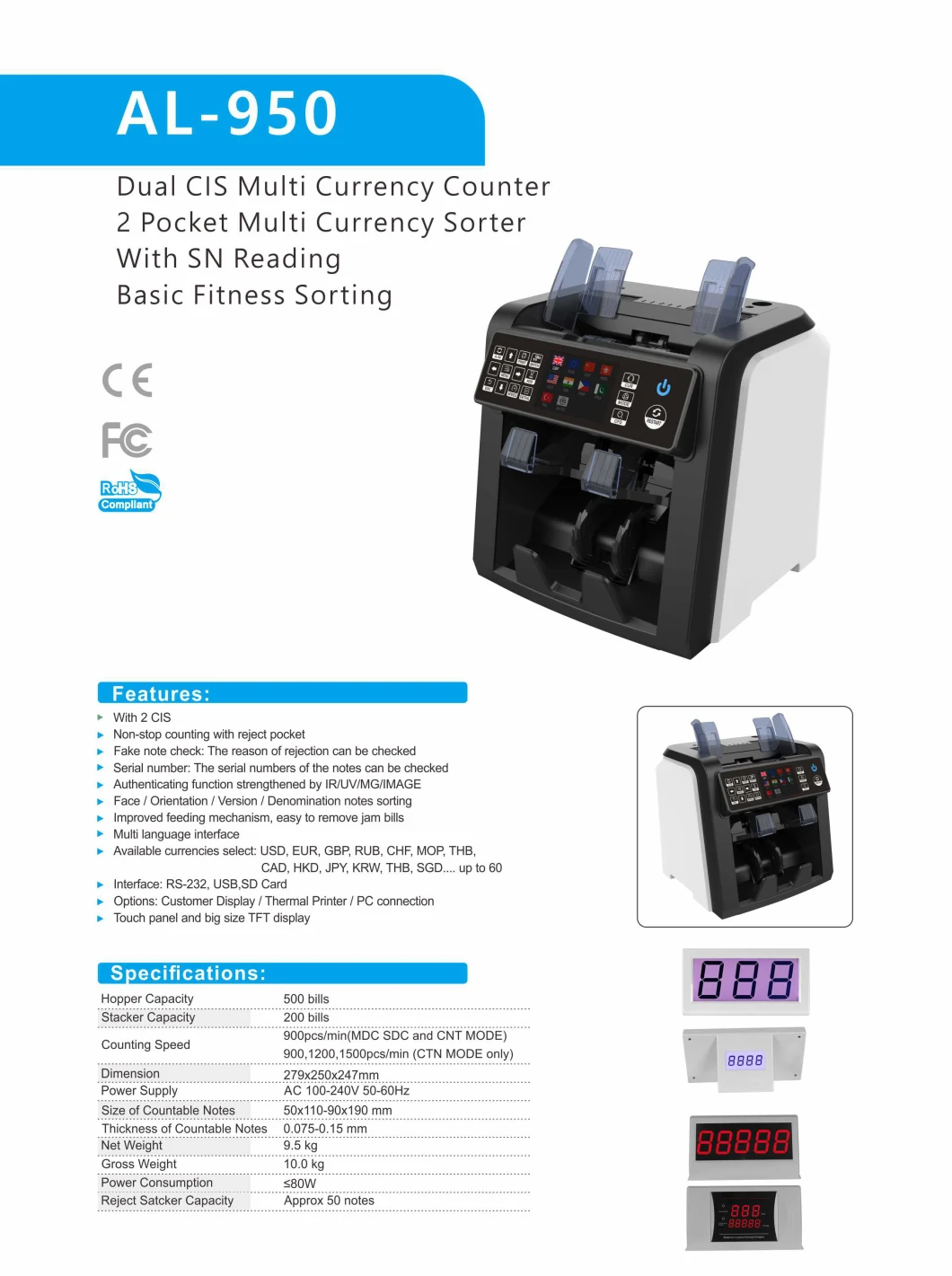 Al-950 Best Price Custom Bill Counting Machine Cash Counter Portable Money Counter Mix Money Counter