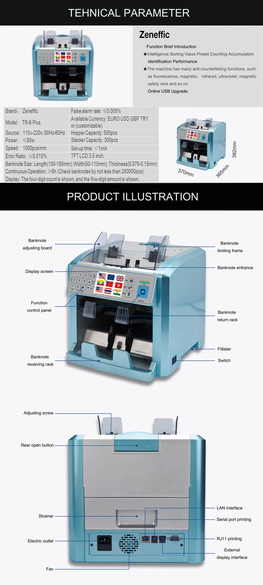 Best Price Custom Bill Counting Machine Cash Counter Portable Money Counter Front Loading Mix Value Counter