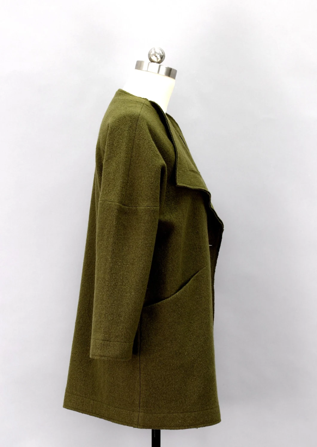 Dark Green Lady's Boiled Wool Long Coat with Lapel