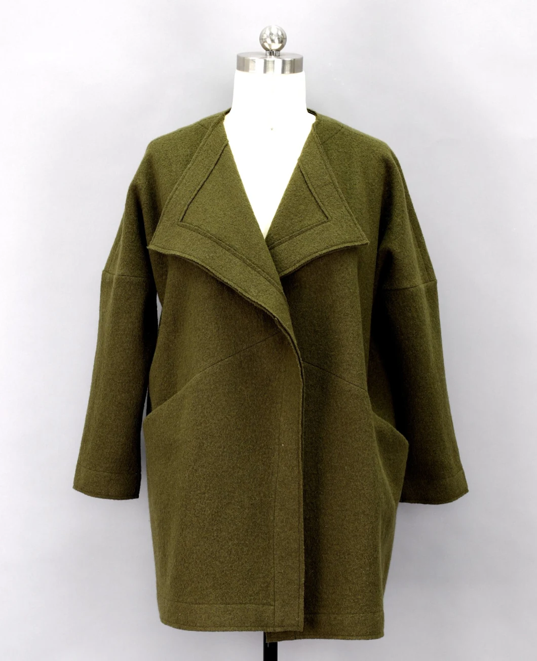 Dark Green Lady's Boiled Wool Long Coat with Lapel
