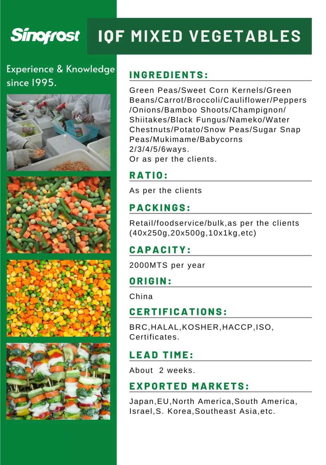 Frozen Mixed Vegetable, Vegetables Blend, IQF Vegetable Blend, IQF Mixed Vegetable, with Green Beans, Green Peas, Carrots, Sweet Corn Kernels, 2/3/4/5/6 Ways