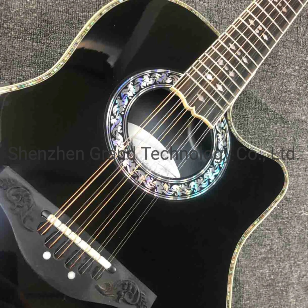 Custom Ovat 12 Strings Solid Acoustic Guitar Carbon Fiber Tortoise Shell Electric EQ Guitar Real Abalone Inlays