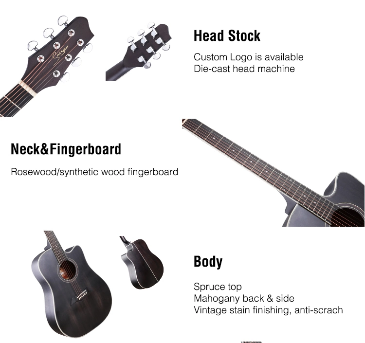 Smiger Custom Logo Vintage Black Western Steel String Folk Acoustic Guitar