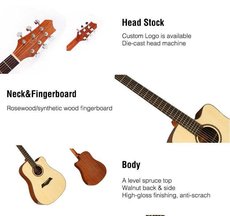 OEM Logo on Headstock Spruce and Walnut Laminated Folk Guitar Acoustic