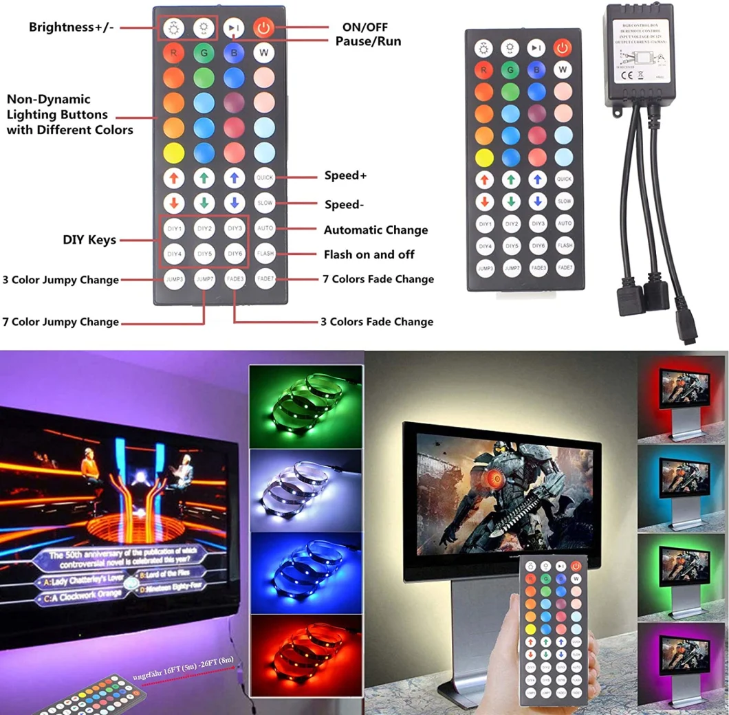 LED Strip Lights 32.8FT (Continuous 10 Meters/roll) with 44 Keys IR Remote and 12V Power Supply, 300 LEDs SMD 5050 RGB Light, Color Changing Lights