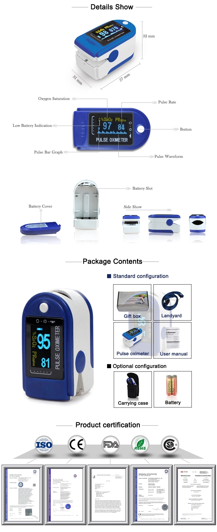 March Expo FDA Ce Approved Contec Cms50d OLED Display Finger Pulse Oximeter