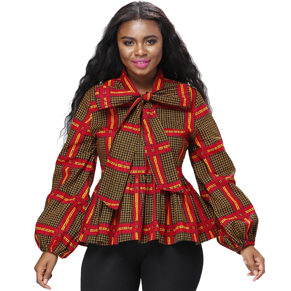 Wholesale African Clothing Long Sleeve Wax Print Blouse Collect Waist Shirt Tie Bow African Tops