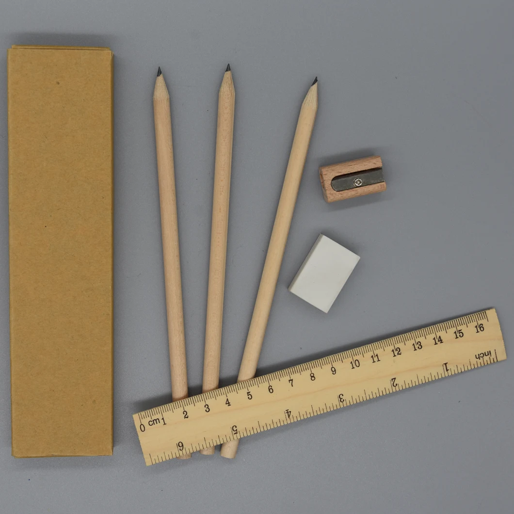 School Stationery Set with 3PCS Hb Pencil, Wooden Ruler, Wooden Sharpener, White Eraser in Gift Box
