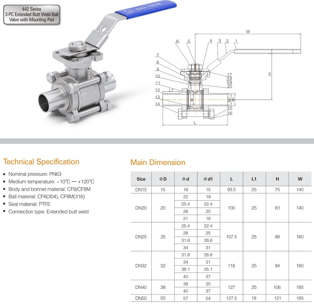 SS316 Pn63 Air Separation Equipment 3PC Weld Ball Valve with Extended Weld End and Mounting Pad, ISO, CE, Cu-Tr Proved
