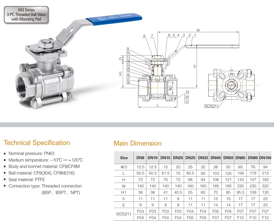 CF8m Air Separation System Feed Processing Equipment Thread 3PC BSPT Ball Valve Pn63 Standard