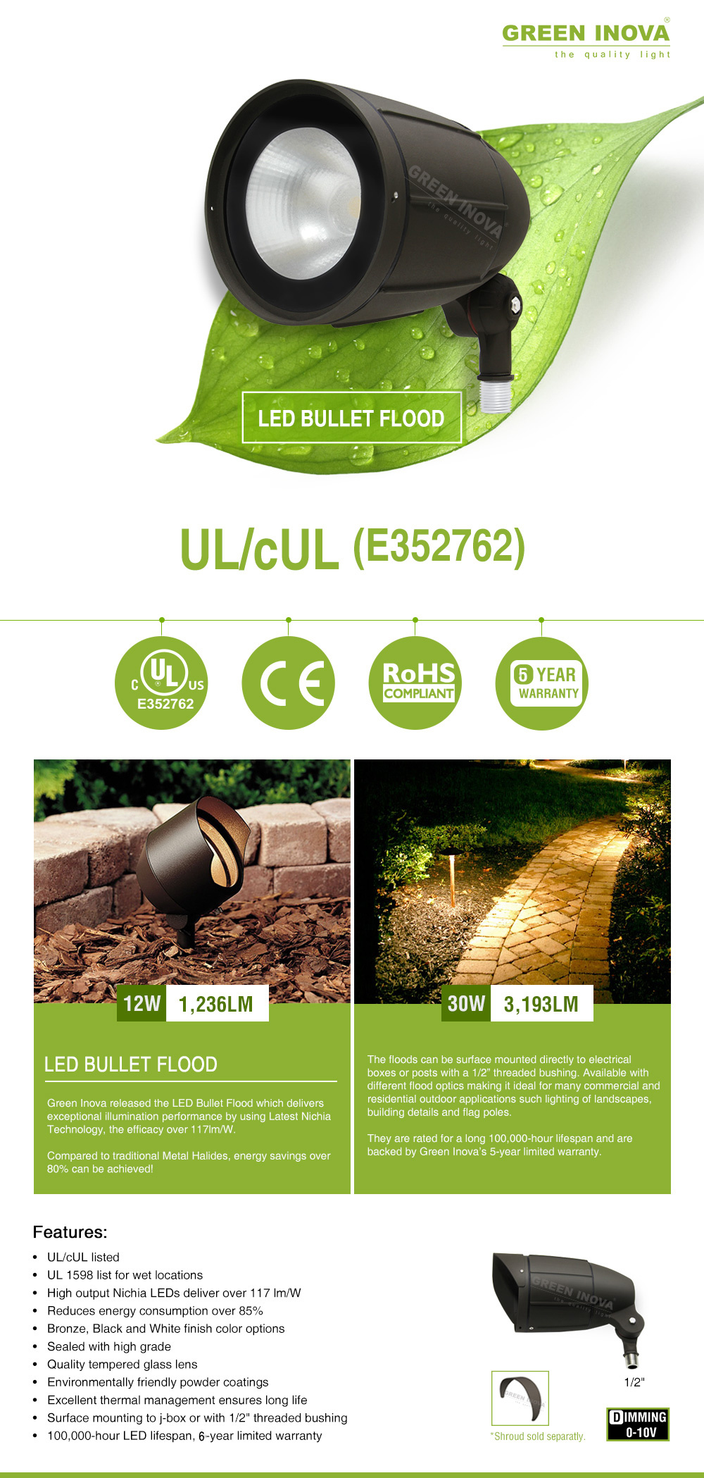 LED Bullet Flood Light Bullet Landscape Light Lawn Light for USA Market UL Dlc
