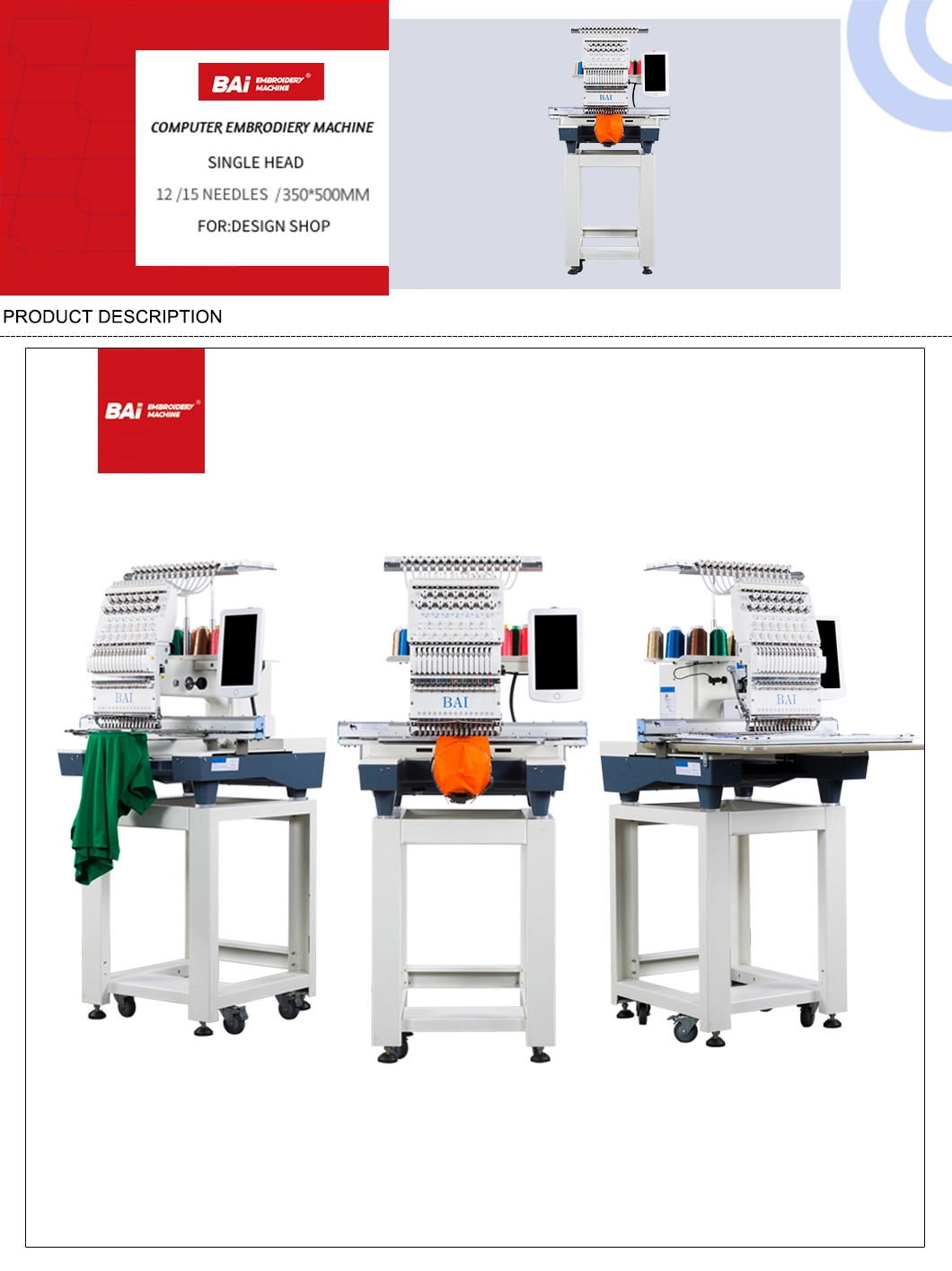 Bai High Speed Computerized Garment Cap Embroidery Machine with Multiple Models