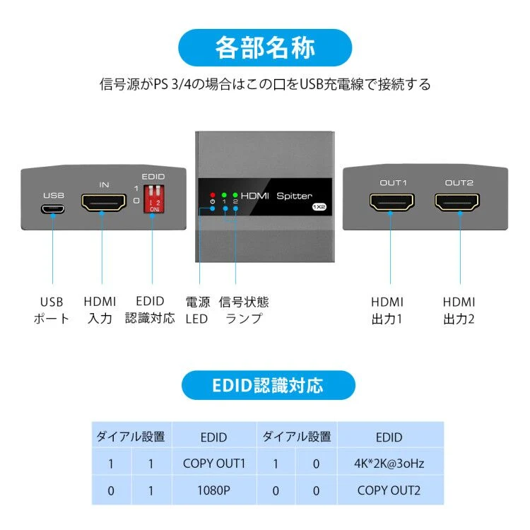 4K 1 to 2 HDMI Splitter/2-Port HDMI Splitter with EDID DIP Switch