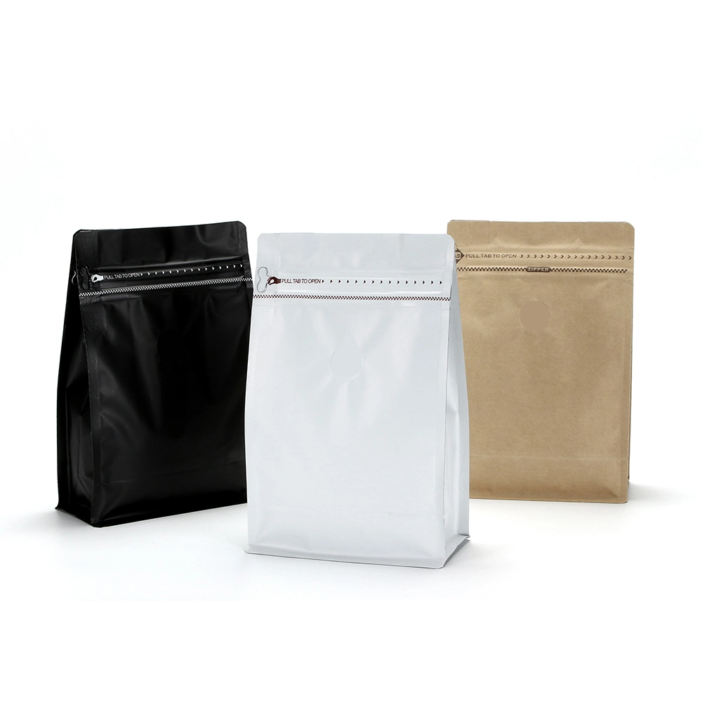 White Kraft Paper Reusable Zipper Plastic Brown High Quality 8 Side Sealed Bag 1kg 2.5kg 5kg Coffee Bean Bag with/Without Valve Aluminum Foil Flat Bottom Pouch