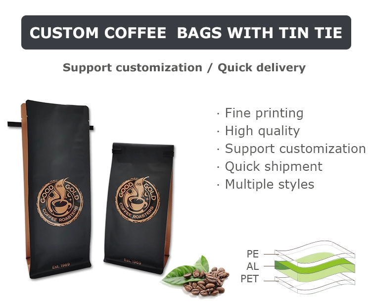 Flat Bottom Black Coffee Bag with Tin Tie