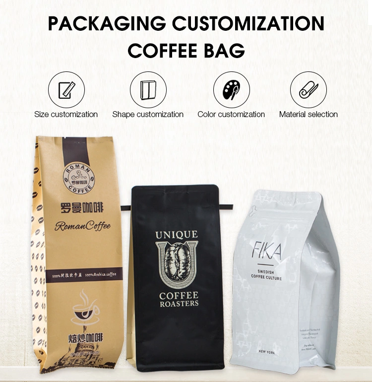 Custom Printing Resealable Zipper Empty 250g 500g 1000g 1kg Square Flat Bottom Coffee Bag with Valve