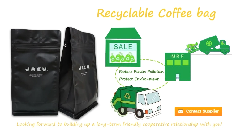Recyclable Matte Black Plastic Green PE04 Flat Bottom Bag Coffee Food Packaging