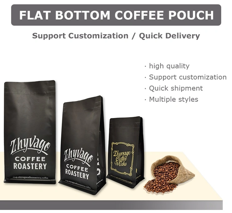Black Flat Bottom Coffee Zipper Pouch/Bag with Valve