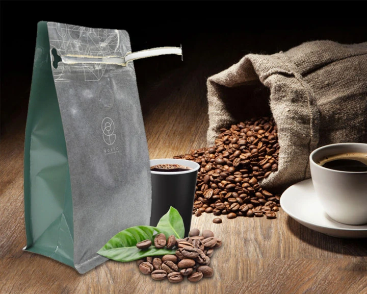 Flat Bottom Pouches Coffee Bean Packaging Bags with Valve & Zipper & Tin Tie