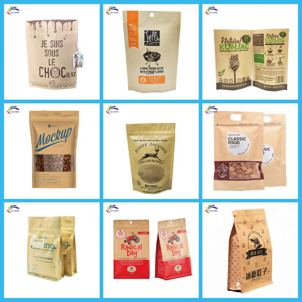 Biodegradable Food Bag Stand up Pouch Ziplock for Dried Fruits Nuts Snack Kraft Paper Packaging Bag