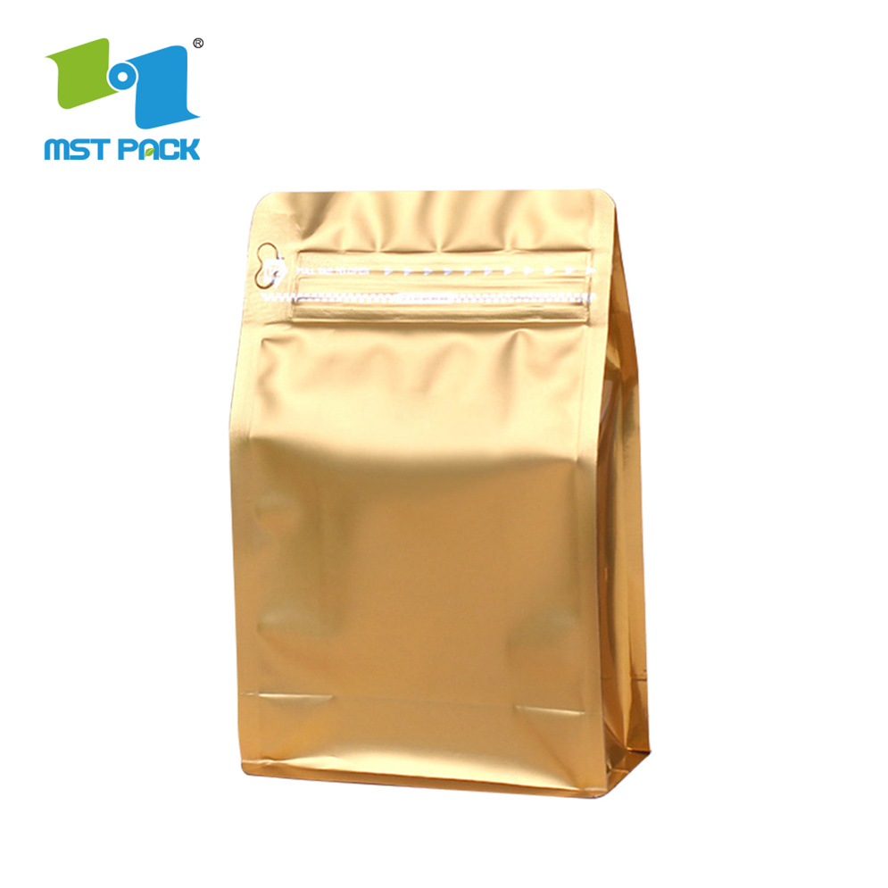 Custom Golden Printed Aluminum Foil 8 Oz Square Bottom Coffee Pouch with Valve