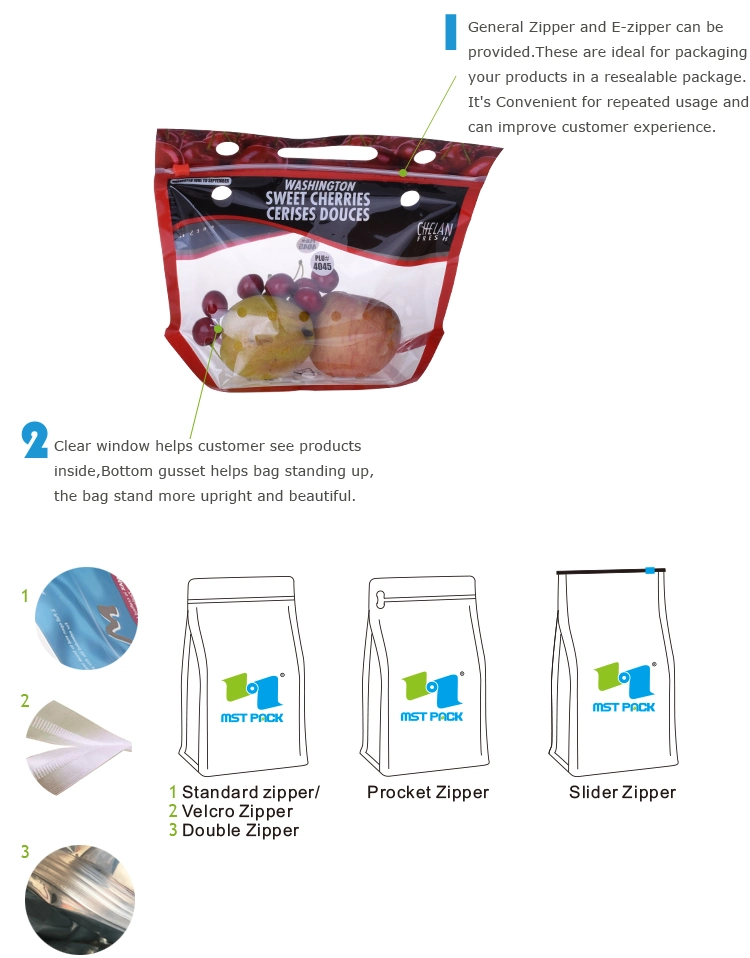 Laminated Claer Fresh Fruit Packaging Stand up Zipper Bag for Orange Grape Cherry Carambola
