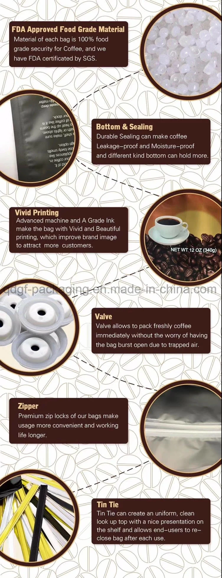 Flat-Bottom Coffee Packaging Bags with Valve for Coffee and Tea Packing