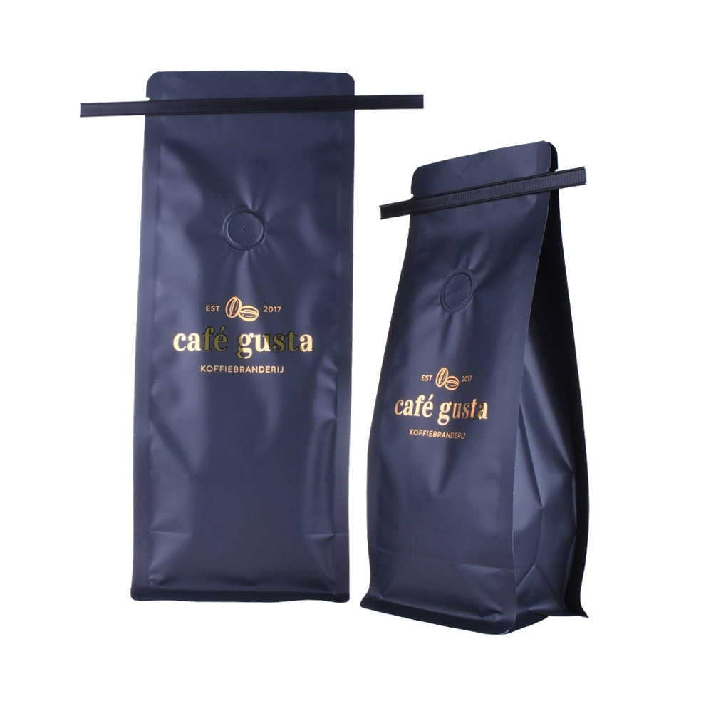 Customized Size Popular Matt Black Coffee Packaging Falt Bottom Bag with Valve and Tin Tie
