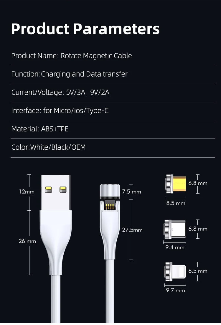 Tongyinhai Magnetic Charging Cable 540 Degree Rotation 3A Fast Charging Data Transfer USB mobile Phone Cable