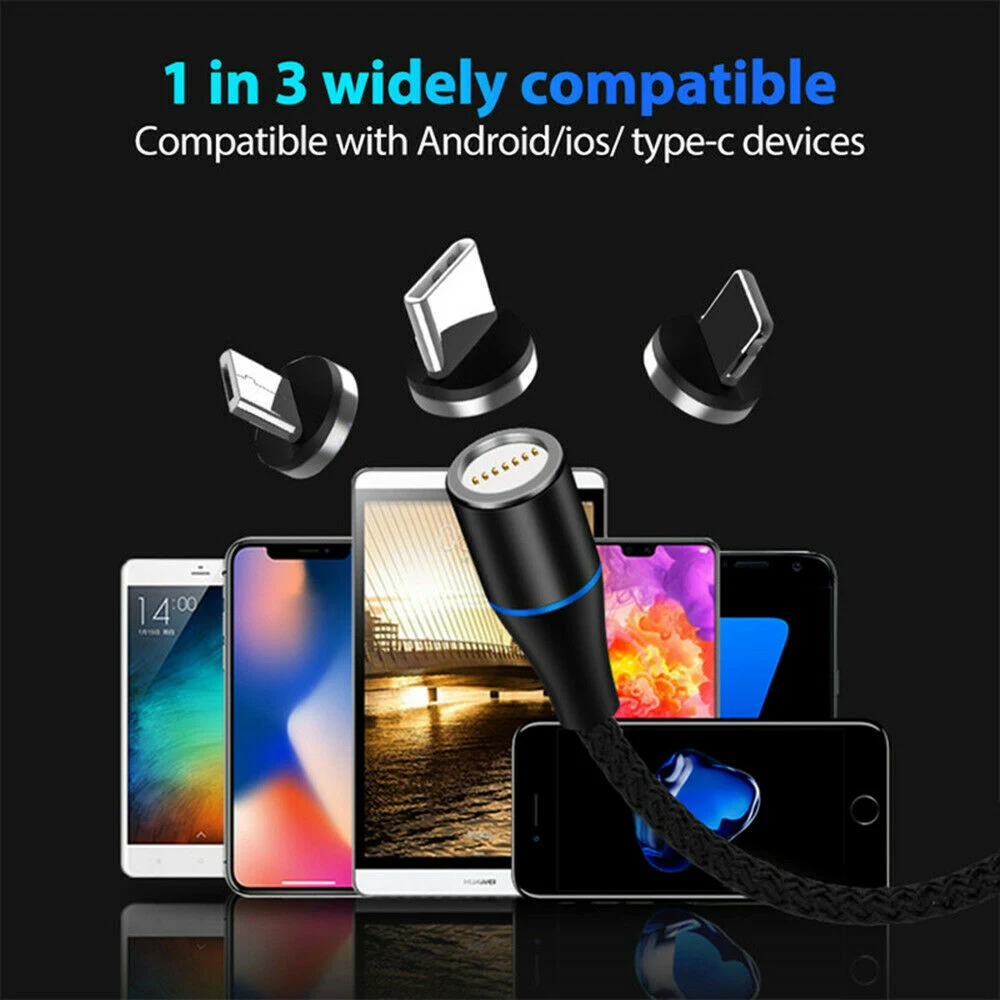 Cell Phone Cable Magnetic USB Charger 1m 3 in 1 USB Charging Data LED Metal Micro USB Function Cables Magnetic Phone Charger