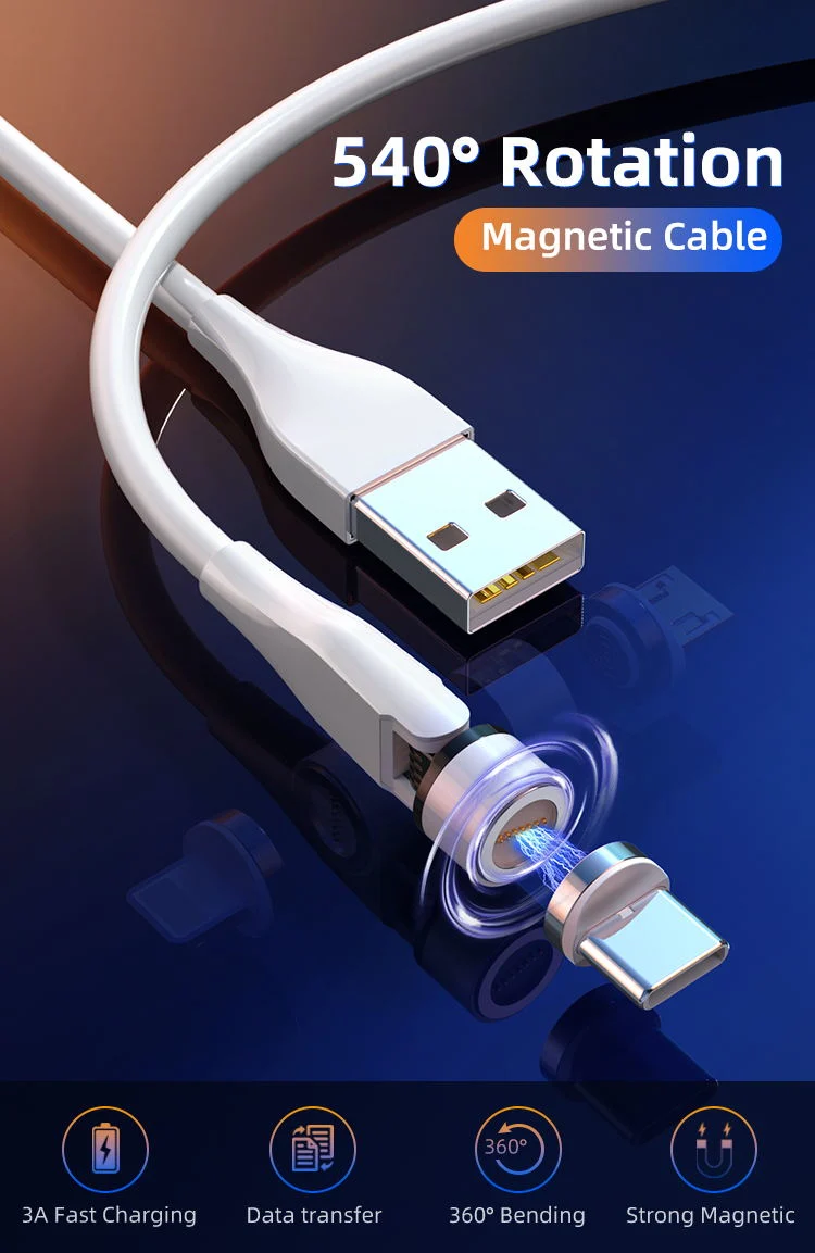 Tongyinhai Magnetic Charging Cable 540 Degree Rotation 3A Fast Charging Data Transfer USB mobile Phone Cable