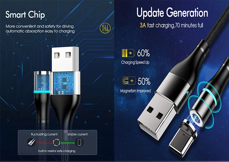 Tongyinhai Factory Fast Deliver 1m 3.3FT 2m 6.6FT Magnetic Charging Cable 360 Degree 3 in 1 Magnetic USB Cable