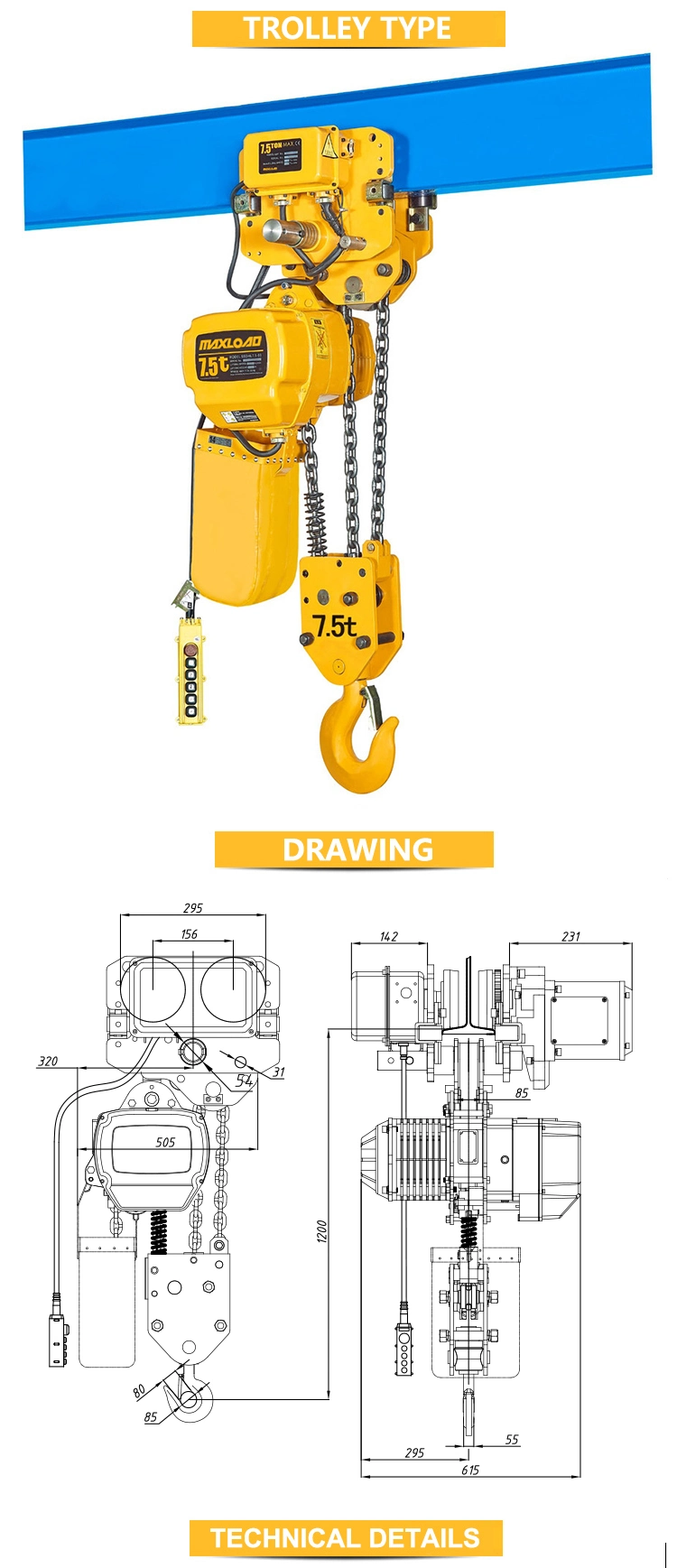 Factory Price Lifting Hoists 7.5 Ton Electric Chain Hoist (electric trolley type)