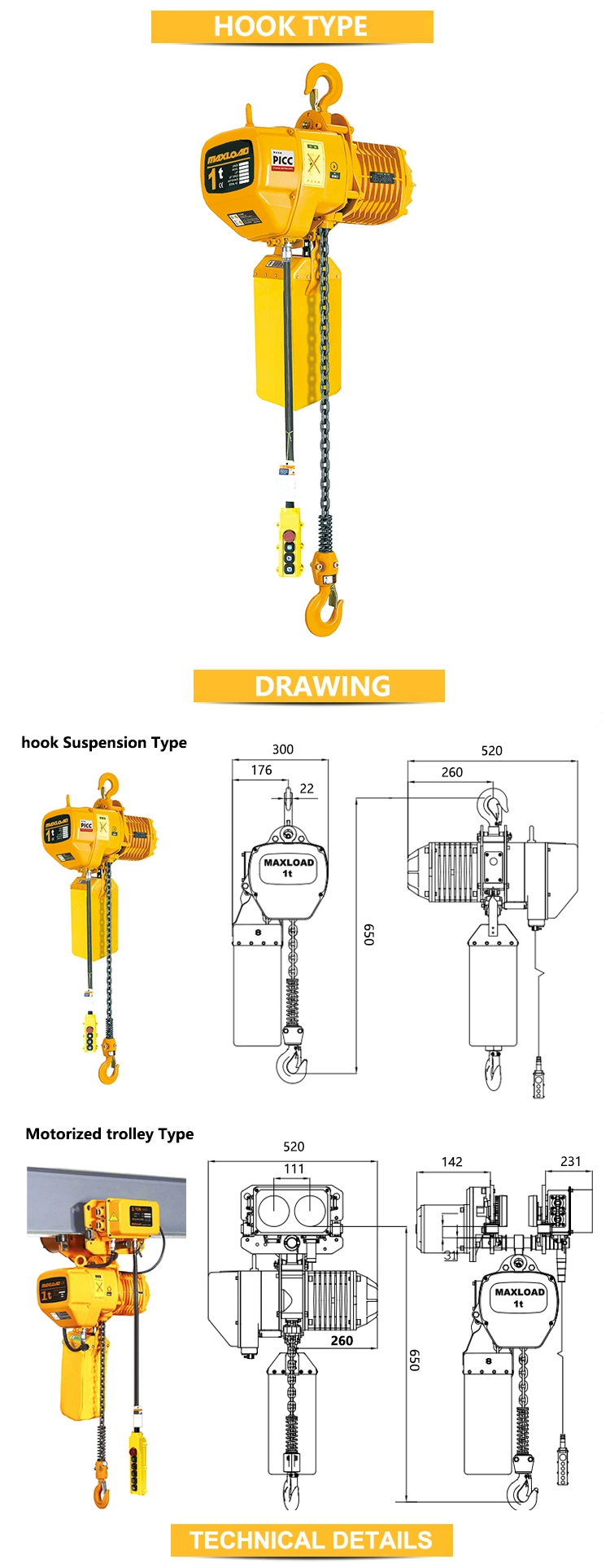 Direct Manufacturers 1 Ton Electric Chain Lifting Hoist with Hook Suspension