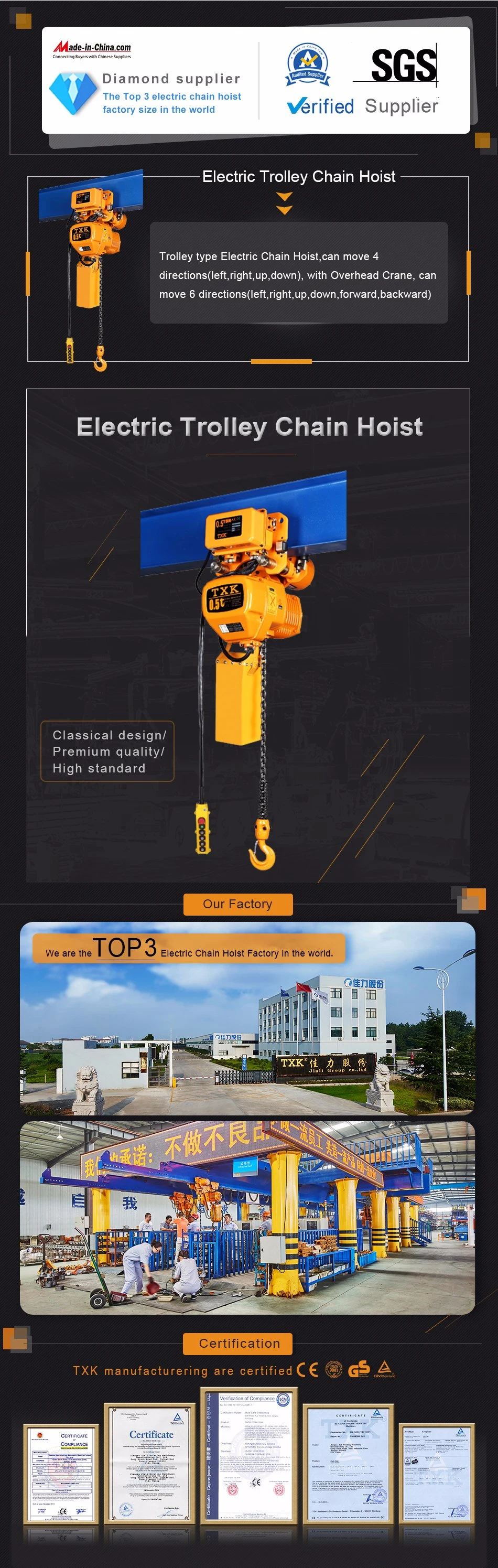 Traveling Hoist 0.5 Ton Single Speed Electric Chain Hoist with Trolley