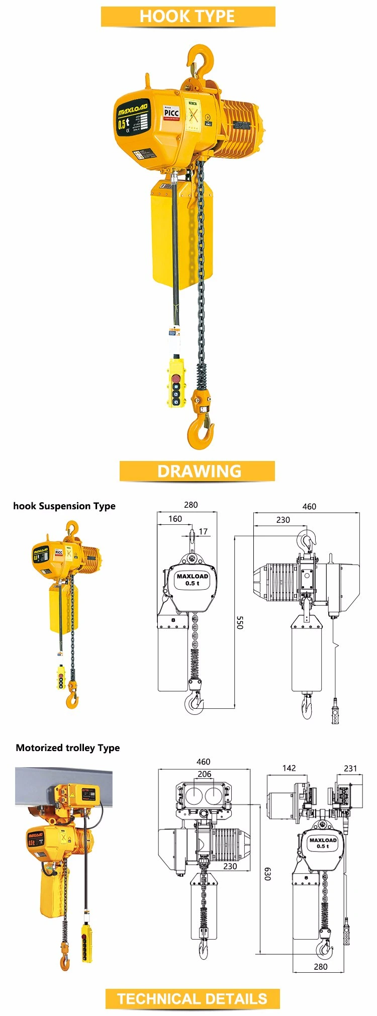 Popular Light Duty Design Small 500kg Electric Chain Hoist with Hook