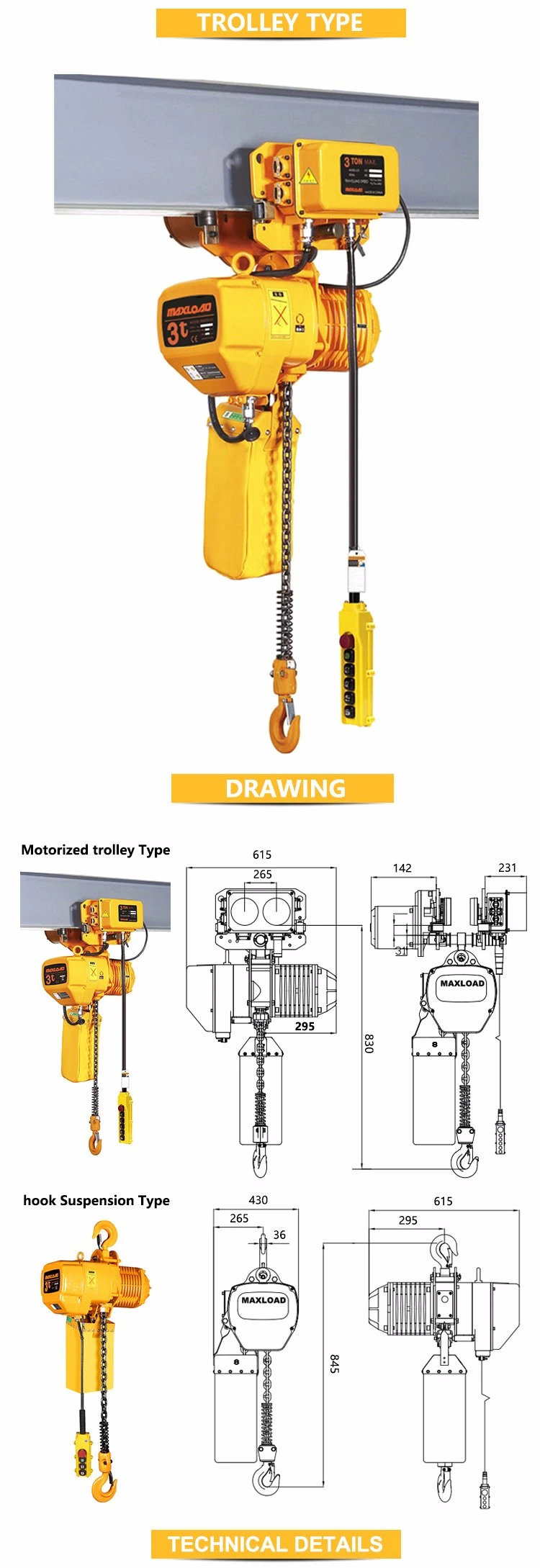 Quality Guarantee 3t Electric Chain Hoist Trolley Type