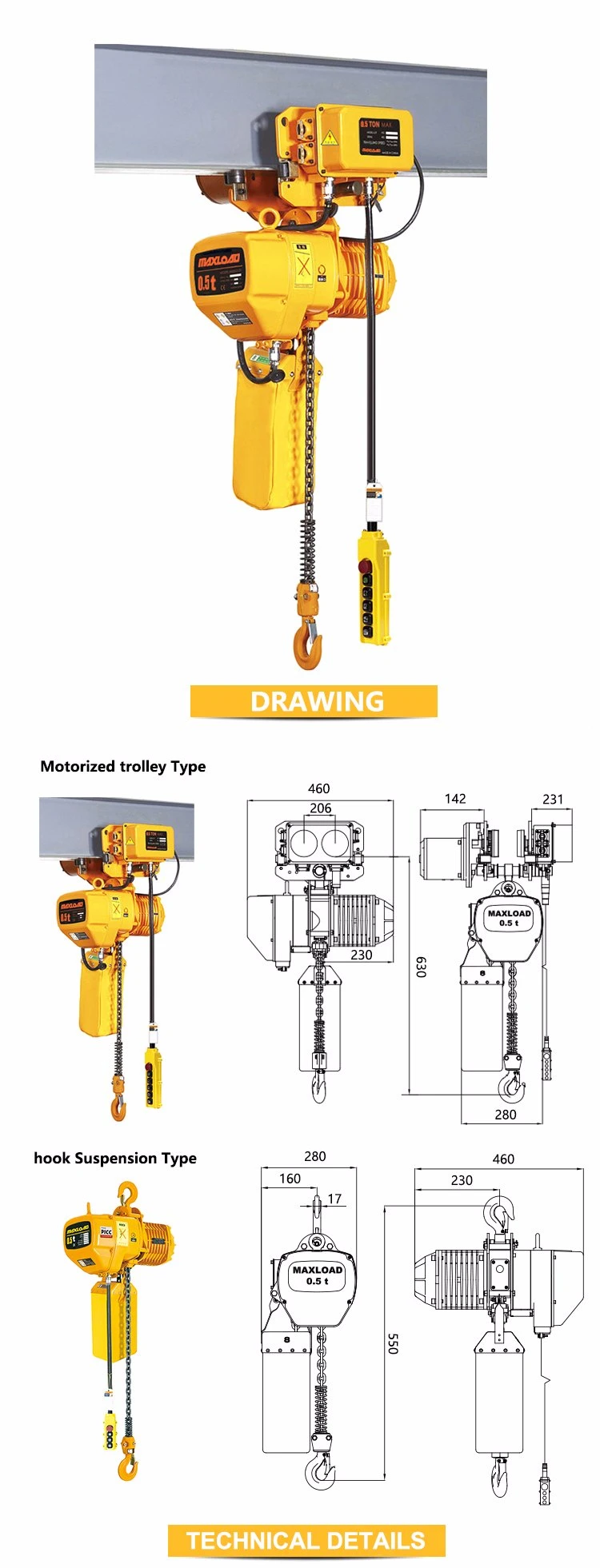 0.5t Beam Trolley Mounted Electric Chain Hoist