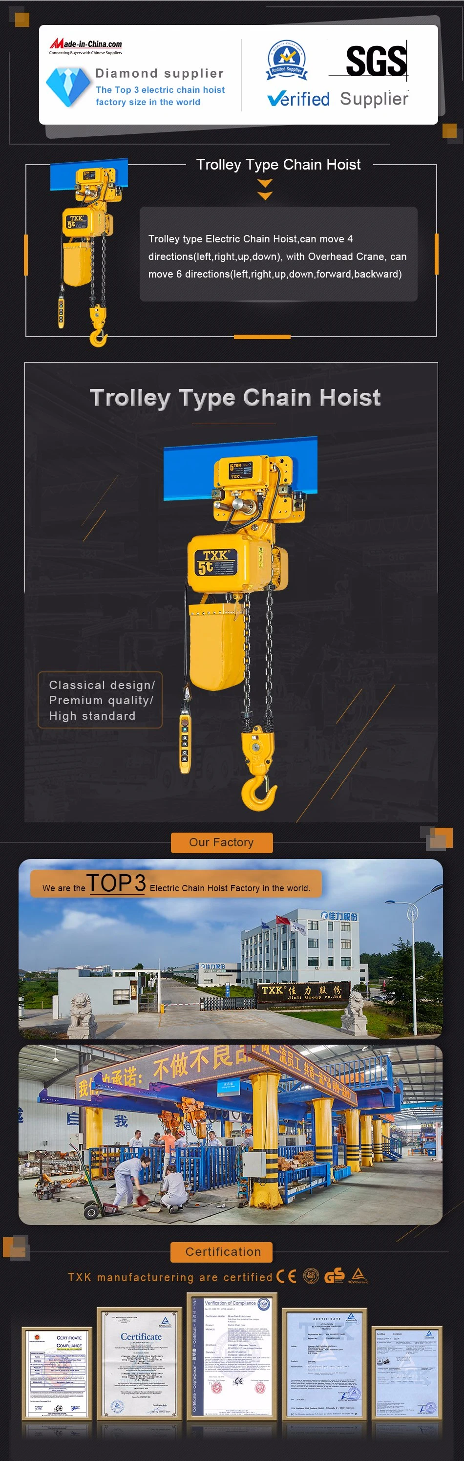 Outdoor Chain Hoist 5 Ton Single Speed M Series Electric Chain Hoist with 2 Chain Falls