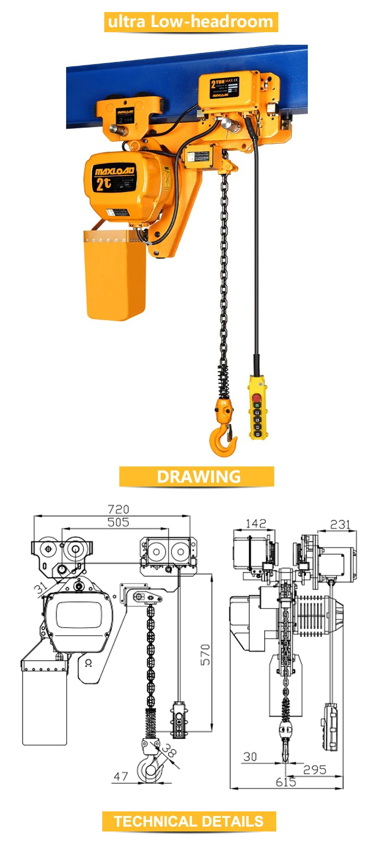 Direct Manufacturers 2 Ton Electric Chain Lifting Hoist Low Headroom Type