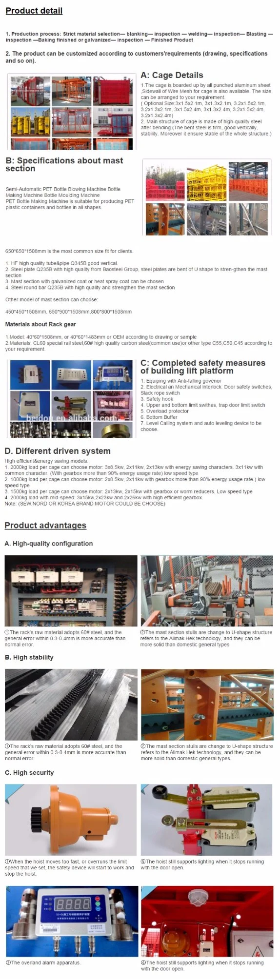 Sc200/200 Frequency Conversion Construction Hoist/Material/Cargo Hoist/Building Hoist (1000kg-4000kg)