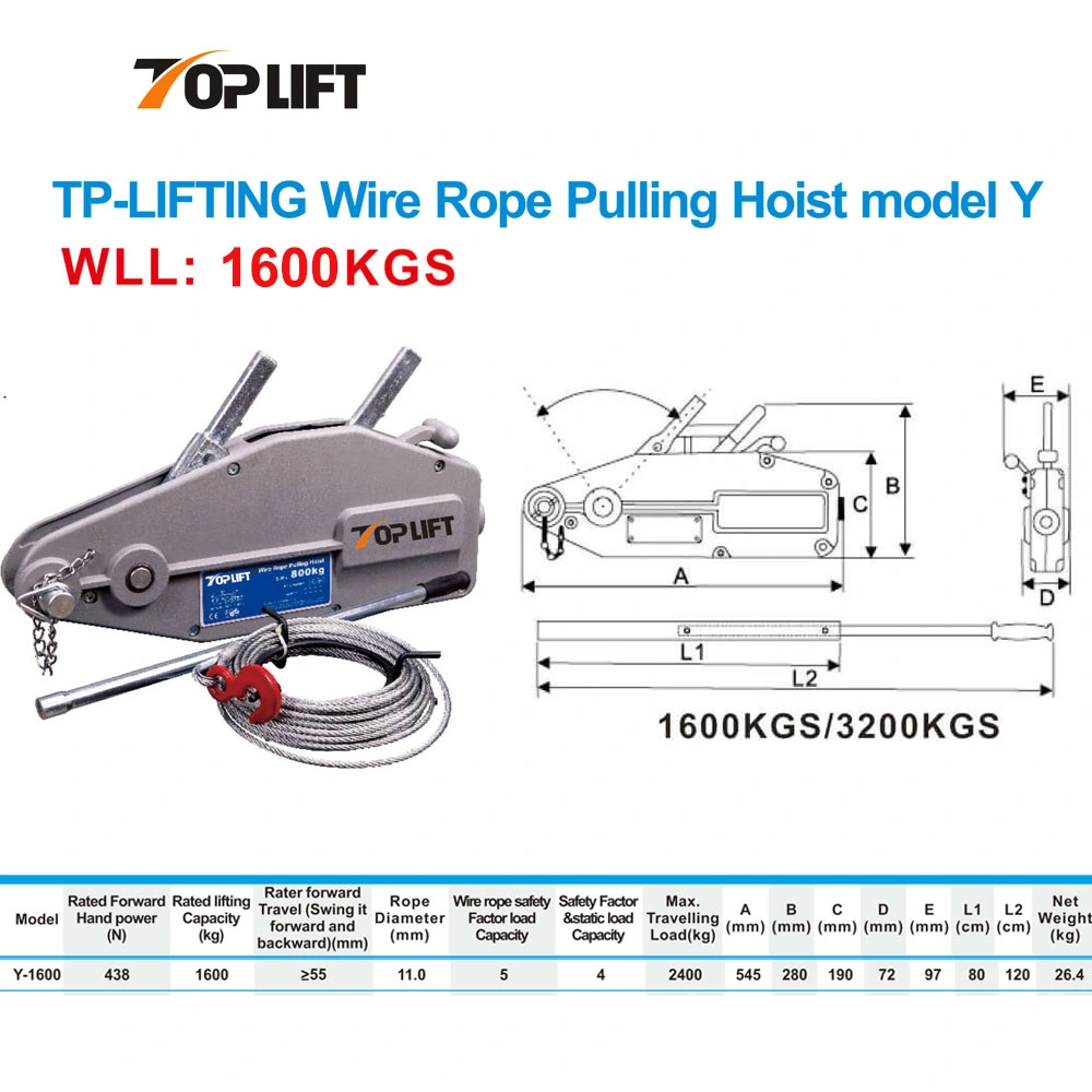 Manual Lifting Equipment 1.6t Wire Rope Pulling Hoist